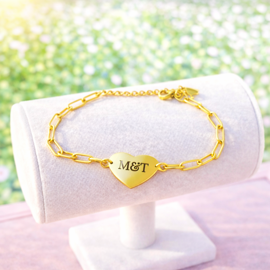 Custom Laser Engraved Heart Paper Clip Style Bracelet