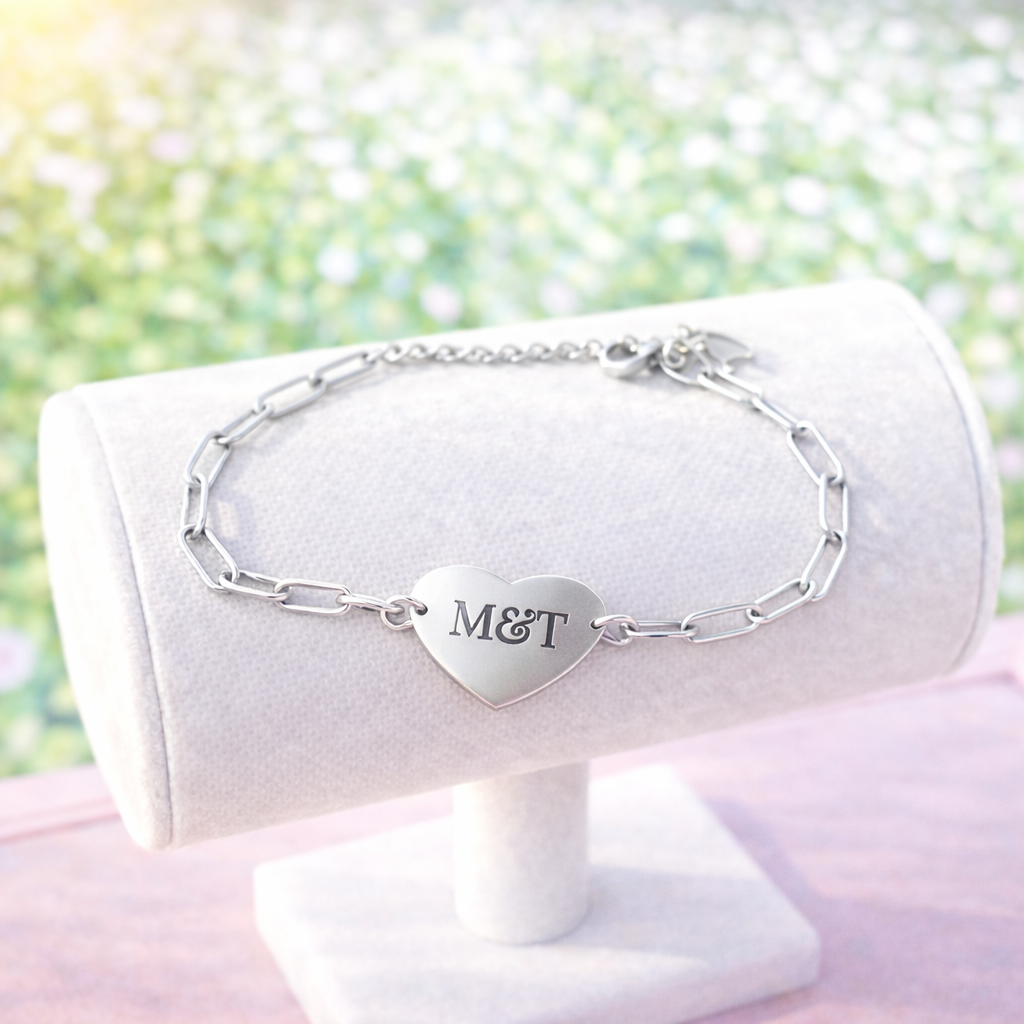 Custom Laser Engraved Heart Paper Clip Style Bracelet